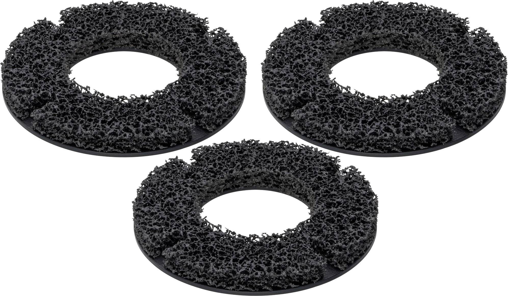 Trois tampons de nettoyage noirs à structure ouverte et maillée, posés sur une surface blanche.