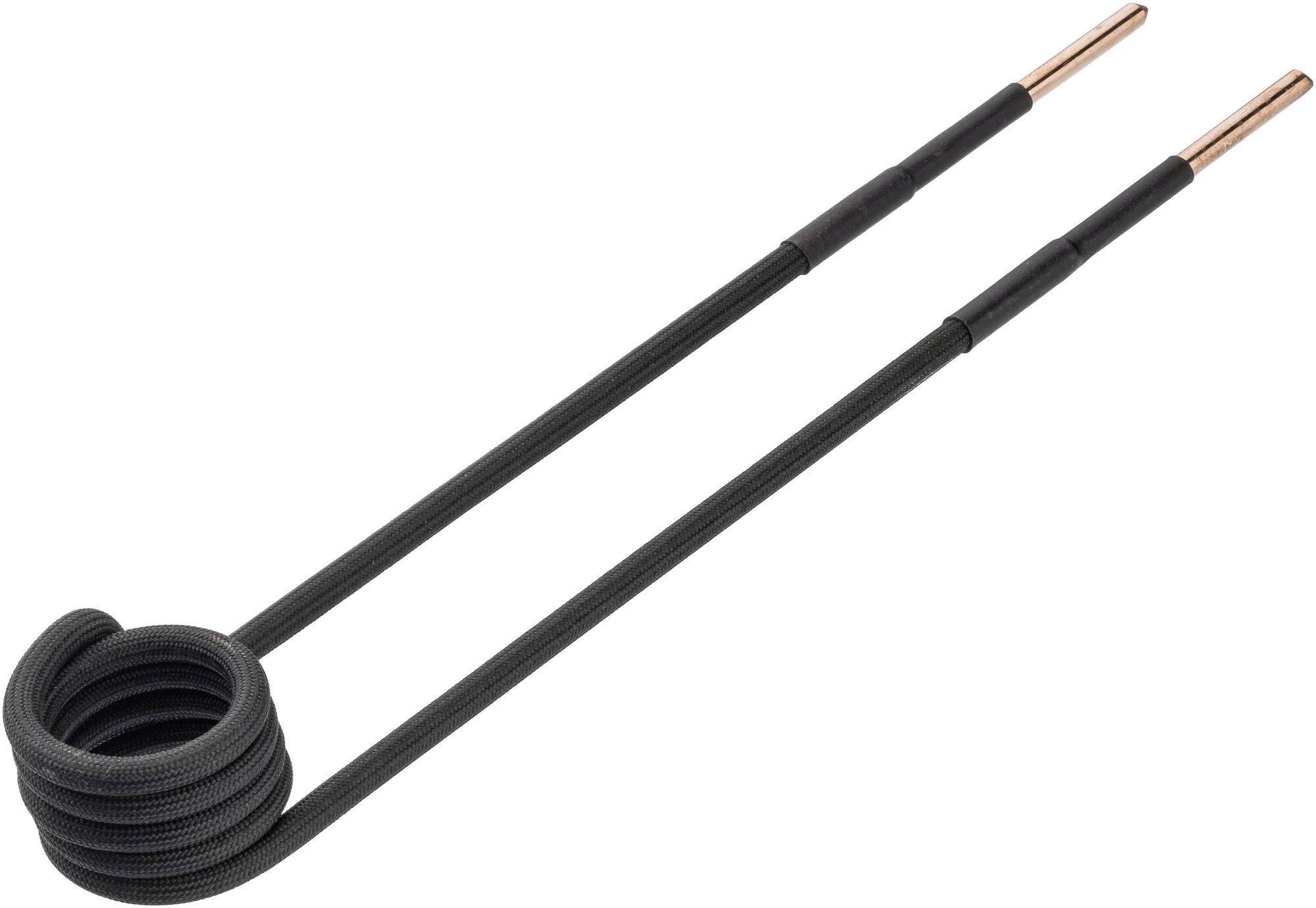 Bobine de chauffage inductive noire au design spiralé avec deux connexions de couleur cuivre. Utilisée pour chauffer des matériaux.