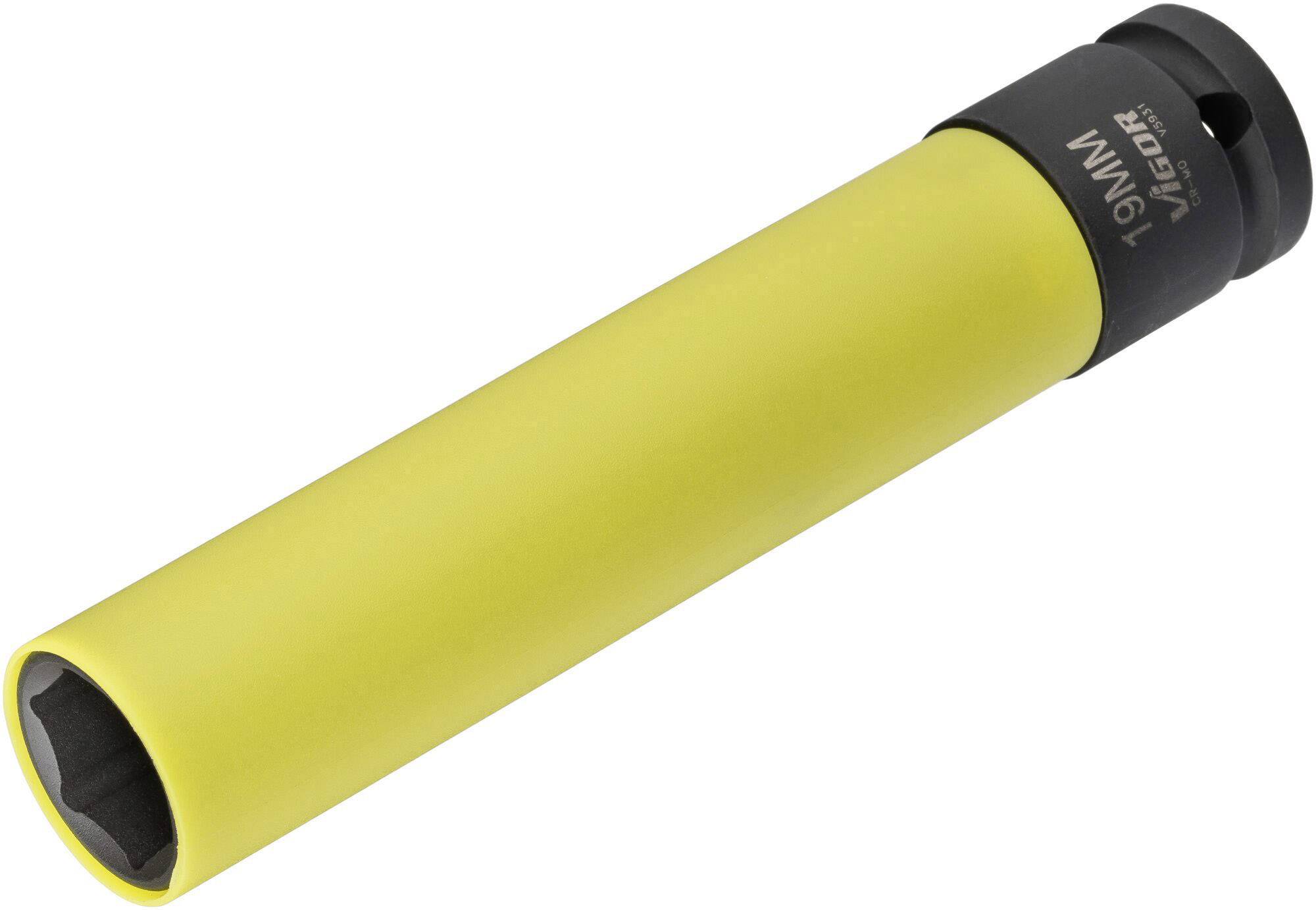 Adaptateur de clé à chocs avec écrou de roue jaune, taille 19 mm, en matériau résistant avec tête noire, adapté aux réparations automobiles.