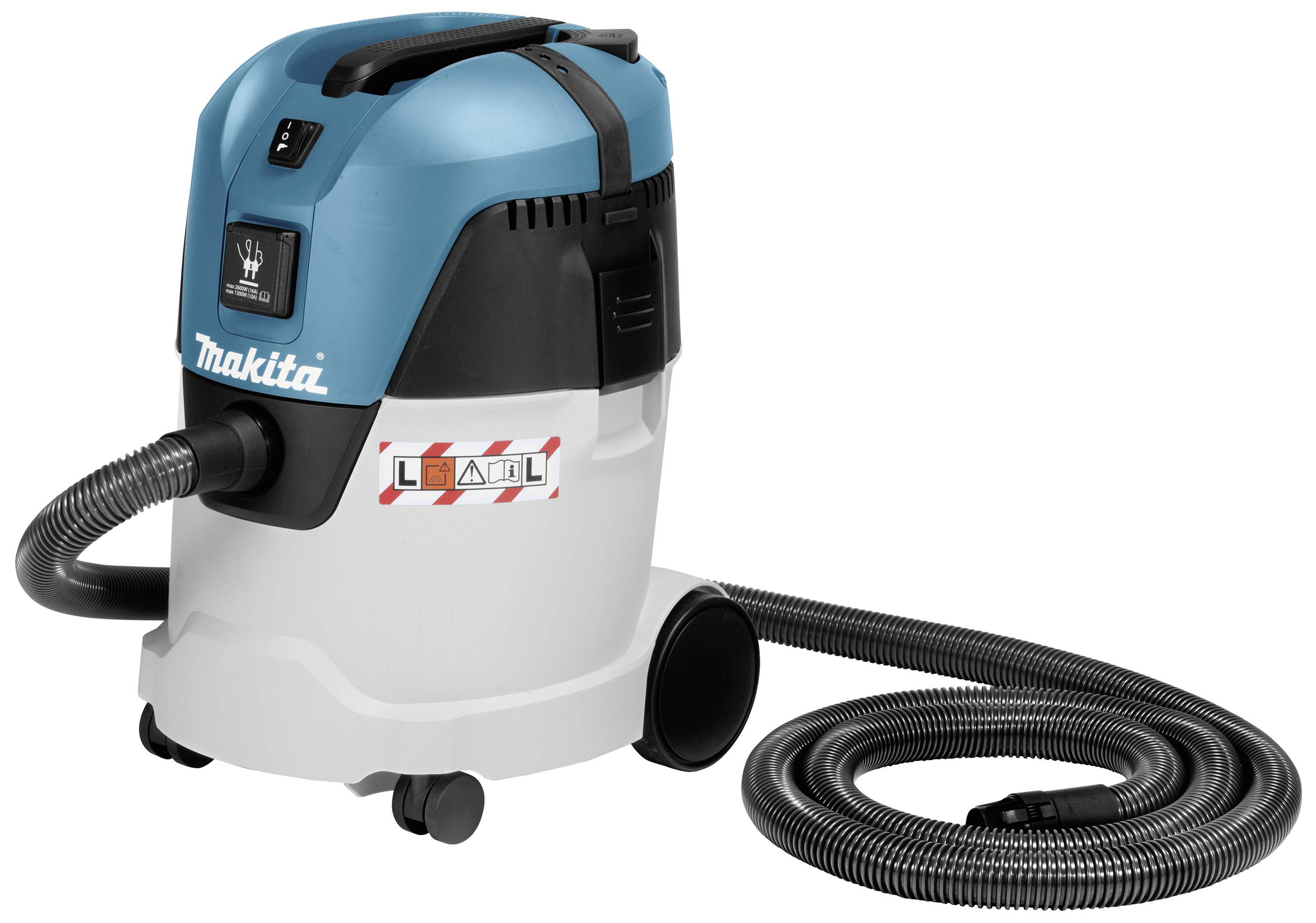 Aspirateur industriel en bleu et blanc avec deux grandes roues et un tuyau flexible, adapté pour l'atelier ou le chantier.