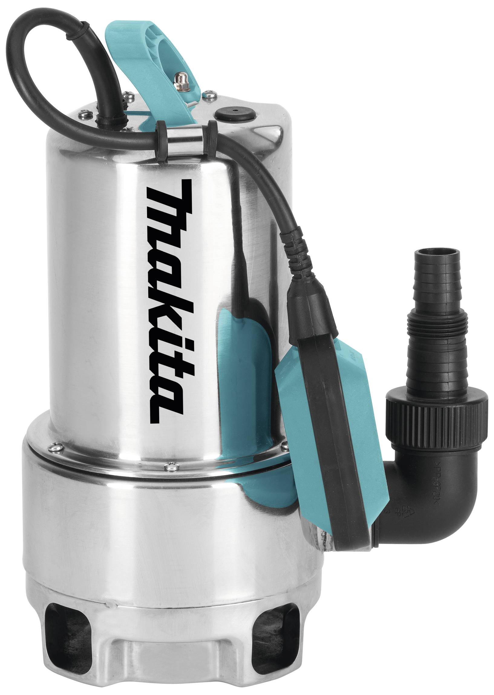 Pompe de plongée Makita en acier inoxydable avec boucle bleue, câble noir et embout d'adaptation noir.