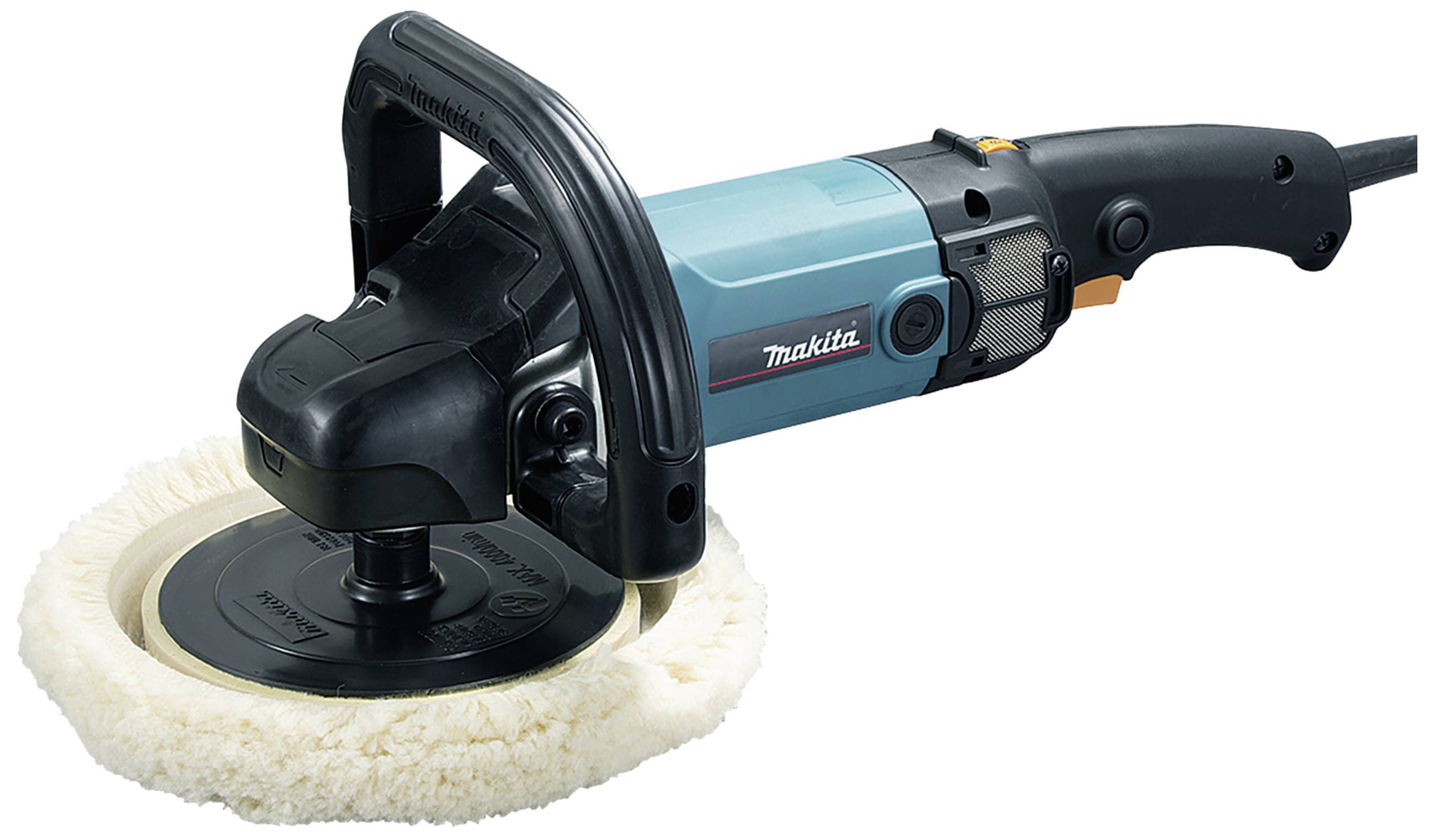 Machine de polissage électrique avec boîtier bleu-noir et un grand disque de polissage rond. Adaptée au polissage de surfaces.