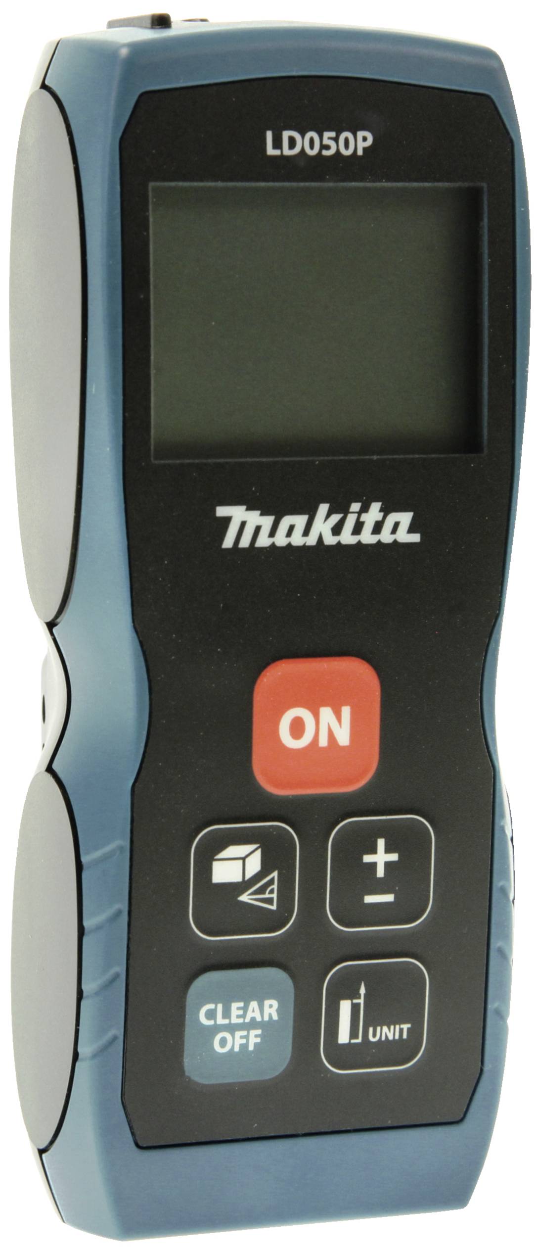 Télémètre laser numérique portable avec grand écran, plusieurs touches de fonction, incluant la touche Marche/Arrêt et de changement d'unités.