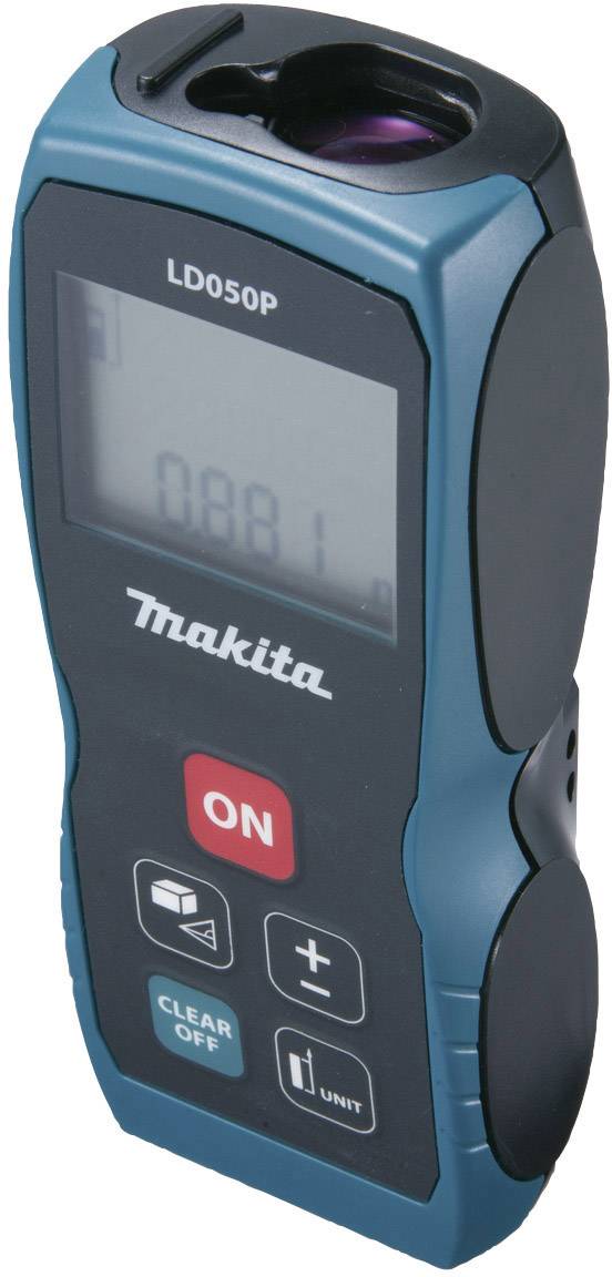 Appareil portable de mesure de distances avec affichage numérique. Le bouton marche/arrêt est marqué, avec d'autres commandes en dessous.