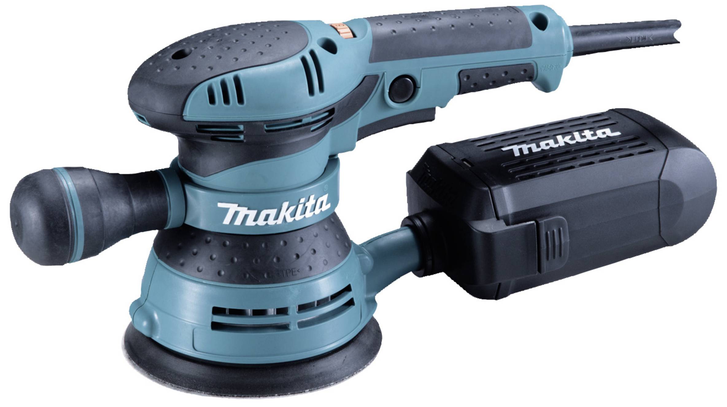 Ponceuse excentrique bleue avec poignée noire et boîte de collecte de poussière. Nom de marque 'Makita' visible sur le boîtier et la boîte à poussière. Idéal pour les travaux de ponçage.