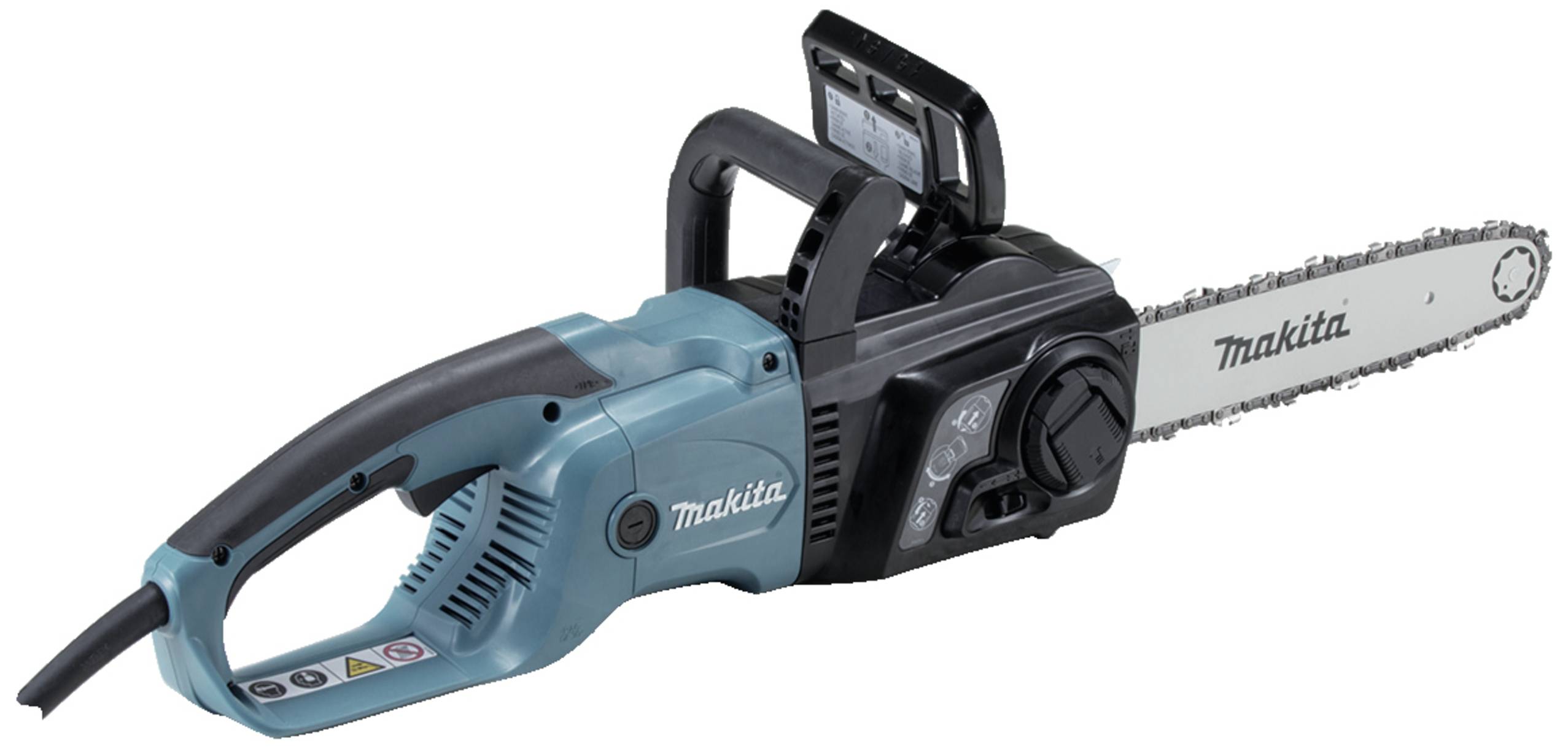 Tronçonneuse électrique, marque Makita, bleu et noir. Adaptée aux travaux de sciage du bois. Comprend des symboles de sécurité et d'utilisation.