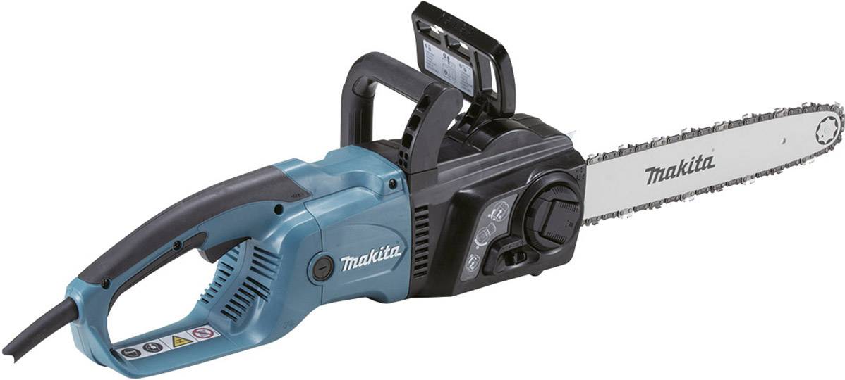 Tronçonneuse électrique Makita avec une longue guide-chaîne, adaptée pour la coupe de bois dans le jardin ou pour des travaux artisanaux.