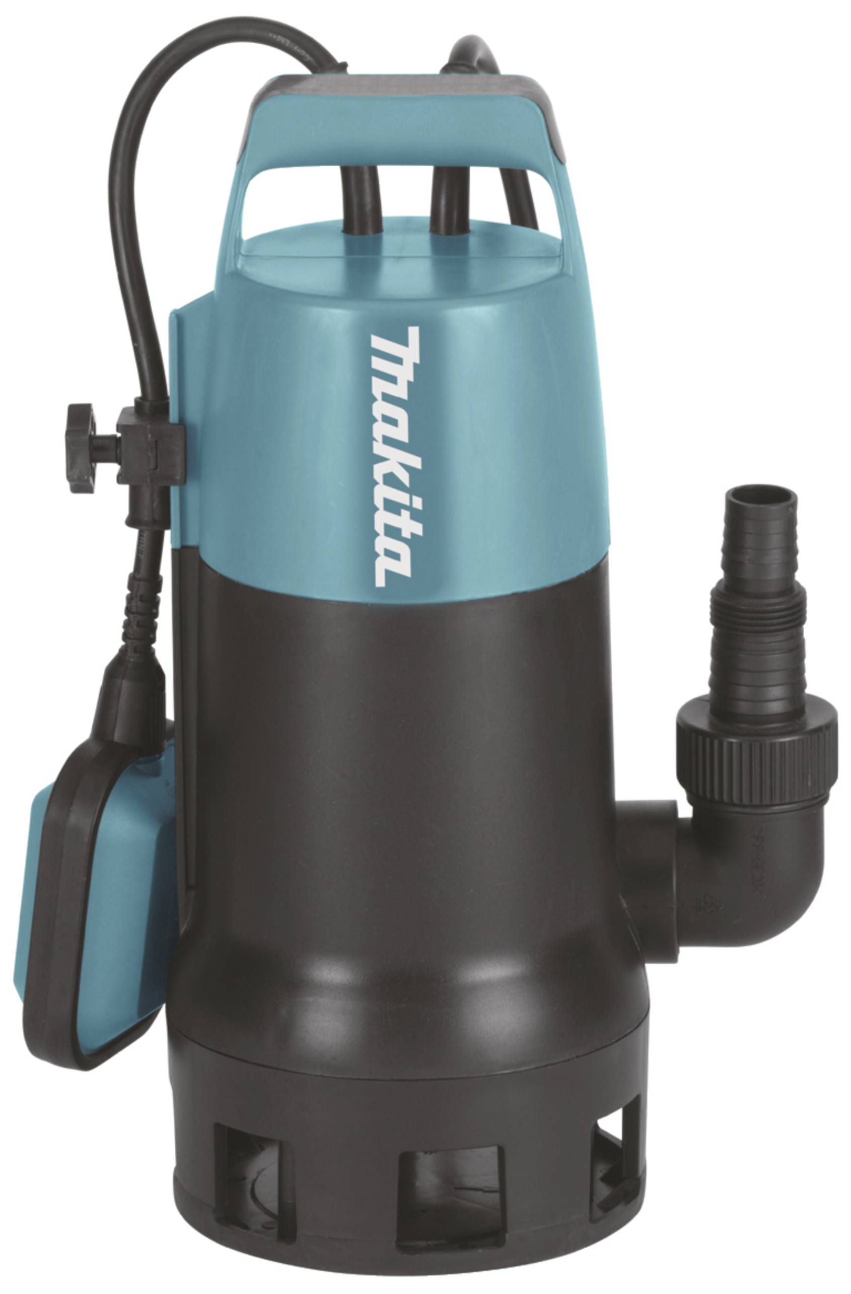 'Pompe submersible Makita modèle PF1110, bleu-noir, avec raccord d'eau et flotteur, adaptée au drainage et au transfert d'eau.'