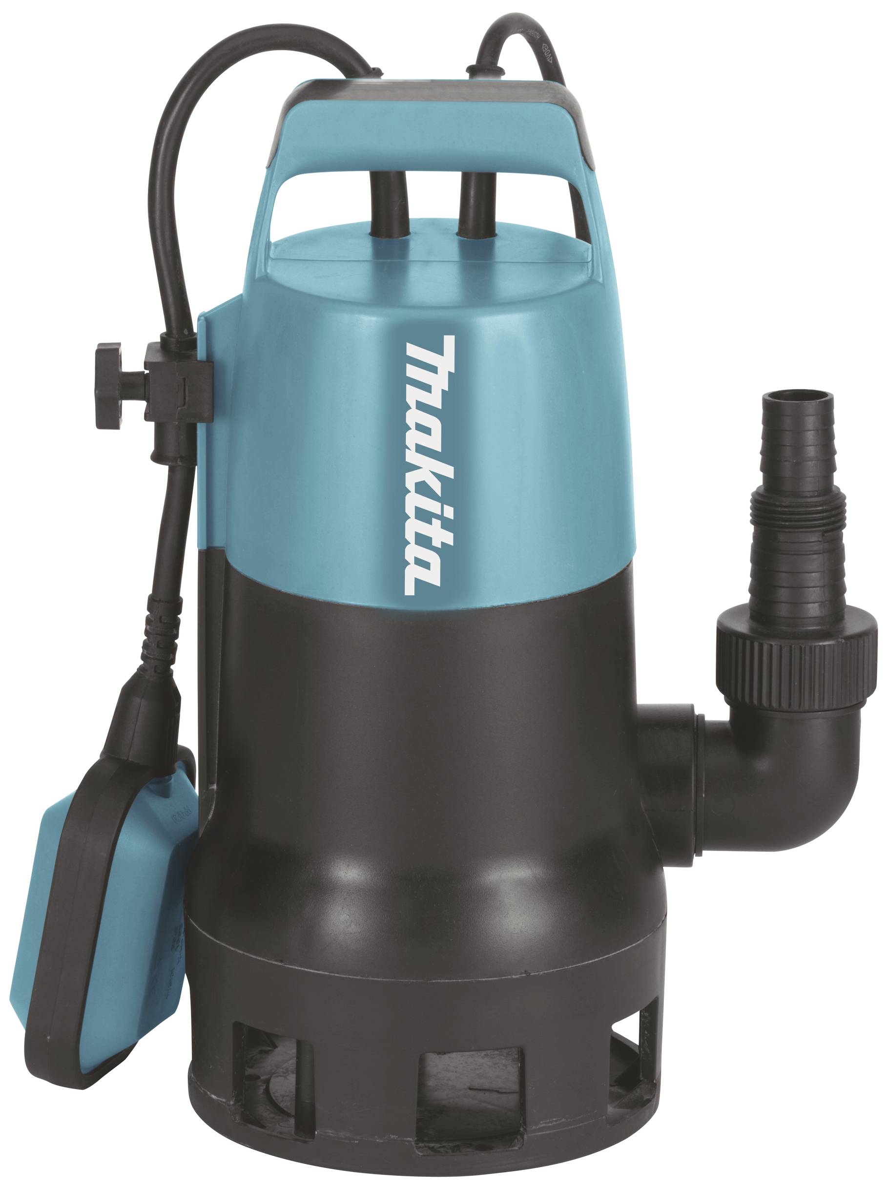 Pompe de puisage en bleu et noir avec poignée, adaptée pour pomper l'eau dans les caves ou les jardins, avec interrupteur à flotteur.