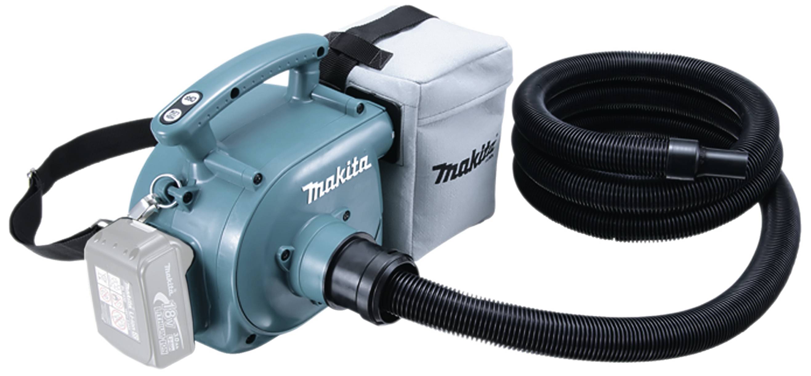 Aspirateur portable Makita avec bandoulière, tuyau flexible et sac à poussière. Idéal pour les applications de nettoyage mobiles.