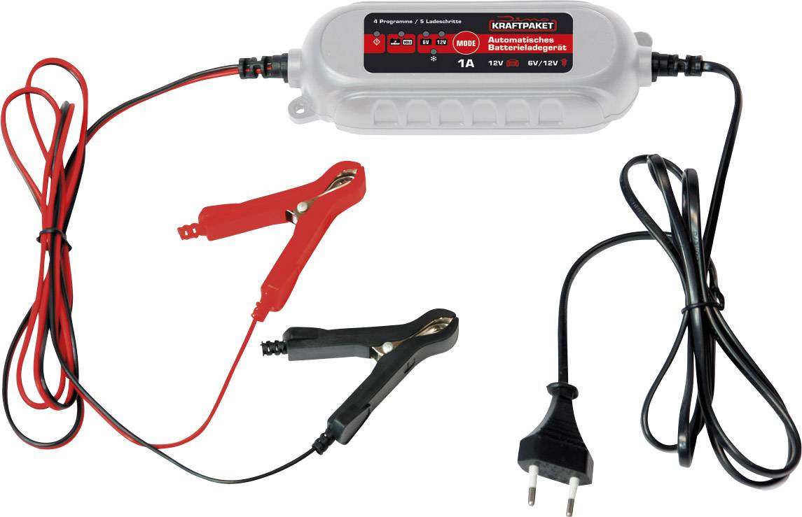 Chargeur de batterie avec pinces crocodiles en rouge et noir, voyants lumineux et fiche secteur. Adapté pour batteries 6V/12V.