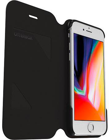 Un smartphone dans un étui noir ouvert. L'écran affiche des couleurs floues et colorées.