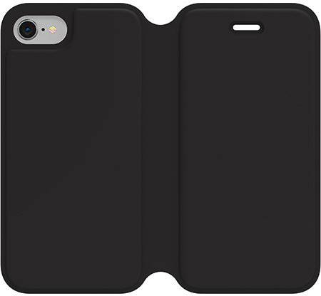 Une housse de téléphone noir avec rabat, adaptée à un smartphone. Une fois ouverte, elle montre un espace pour l'appareil sur le côté gauche.