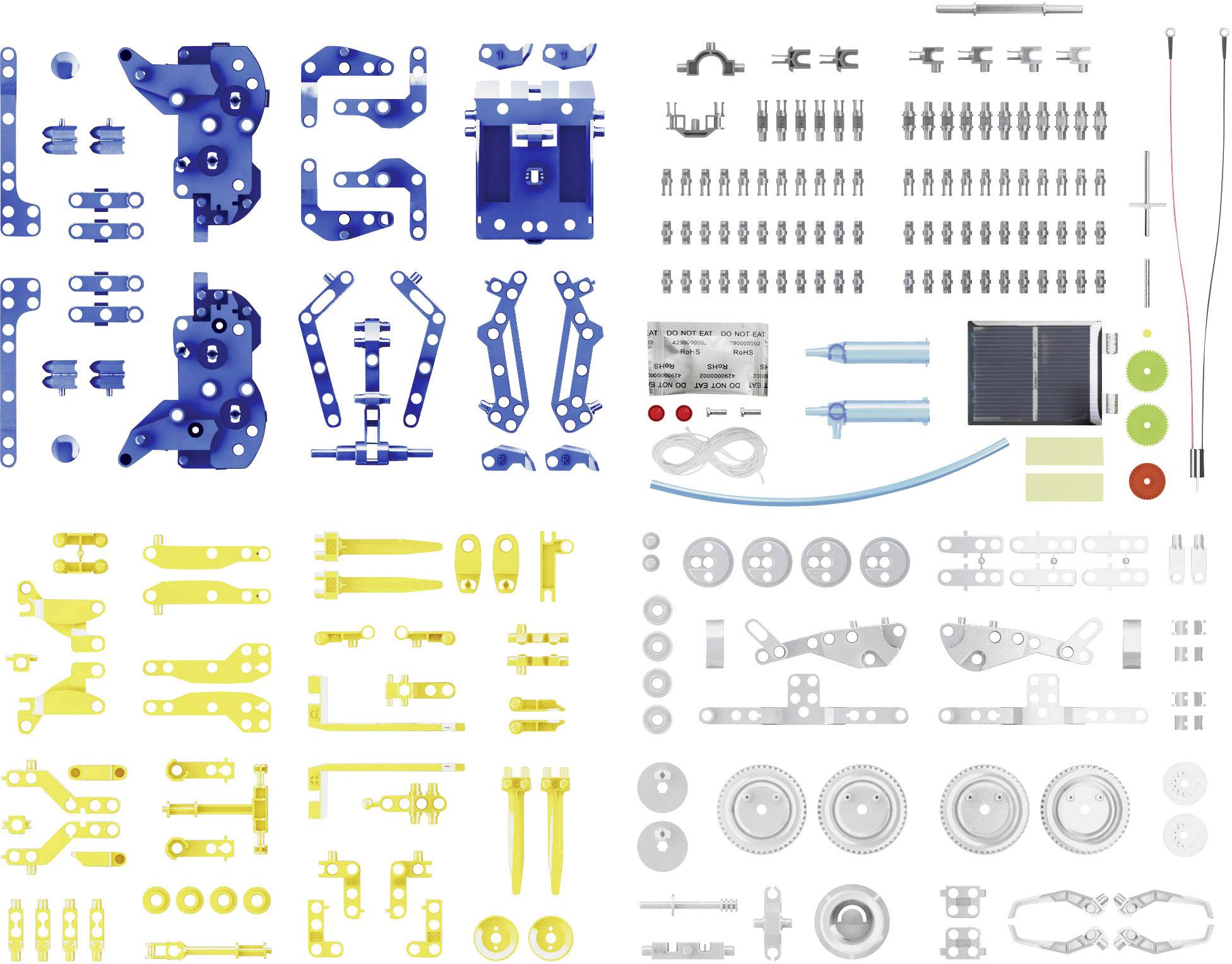 Kit pour véhicule robotisé avec des pièces métalliques bleues, jaunes et argentées, vis, moteurs et un panneau solaire.