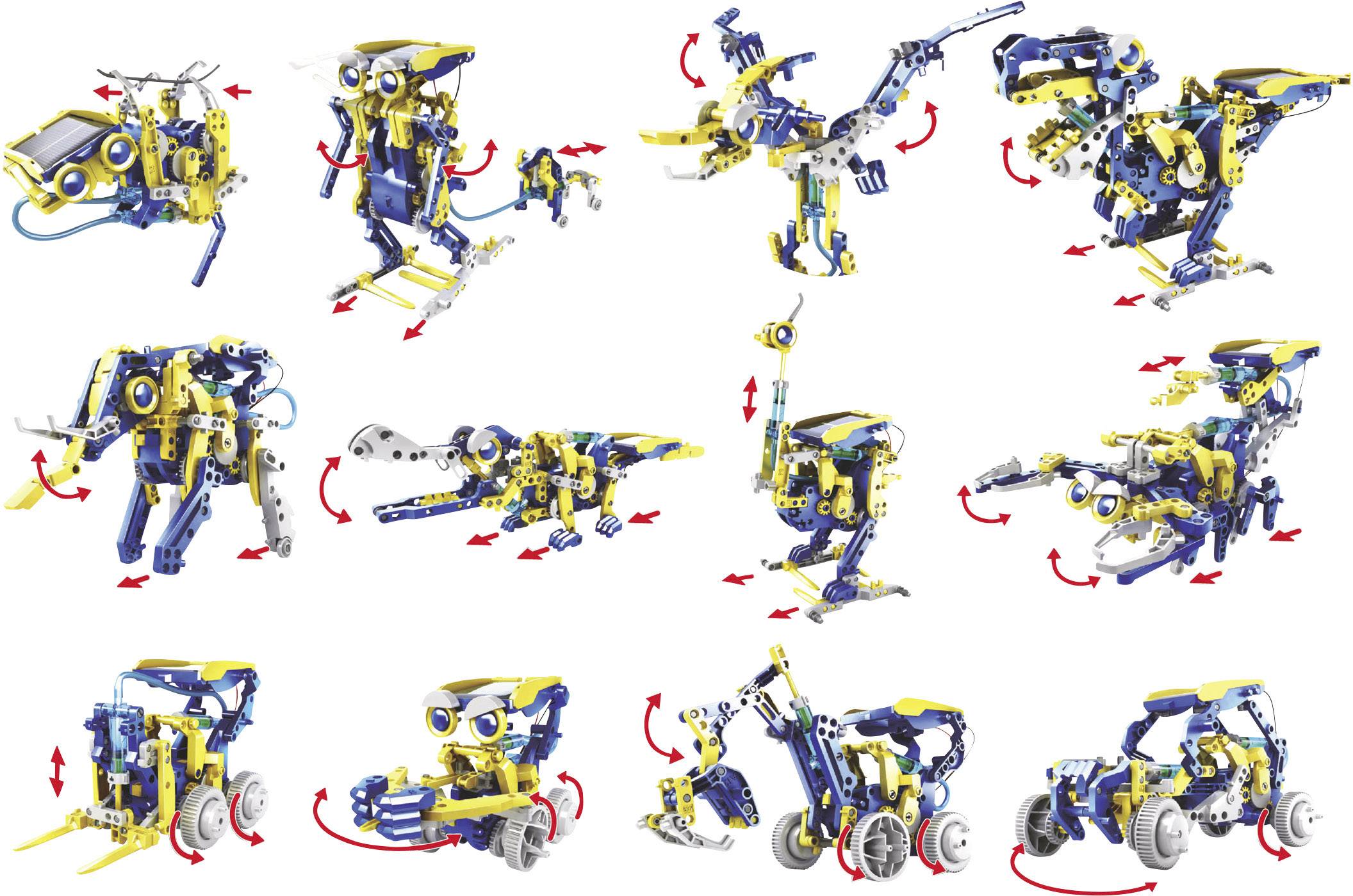 Kit de robot avec 12 modèles différents représentant divers animaux ou véhicules, équipés de flèches pour les mouvements.