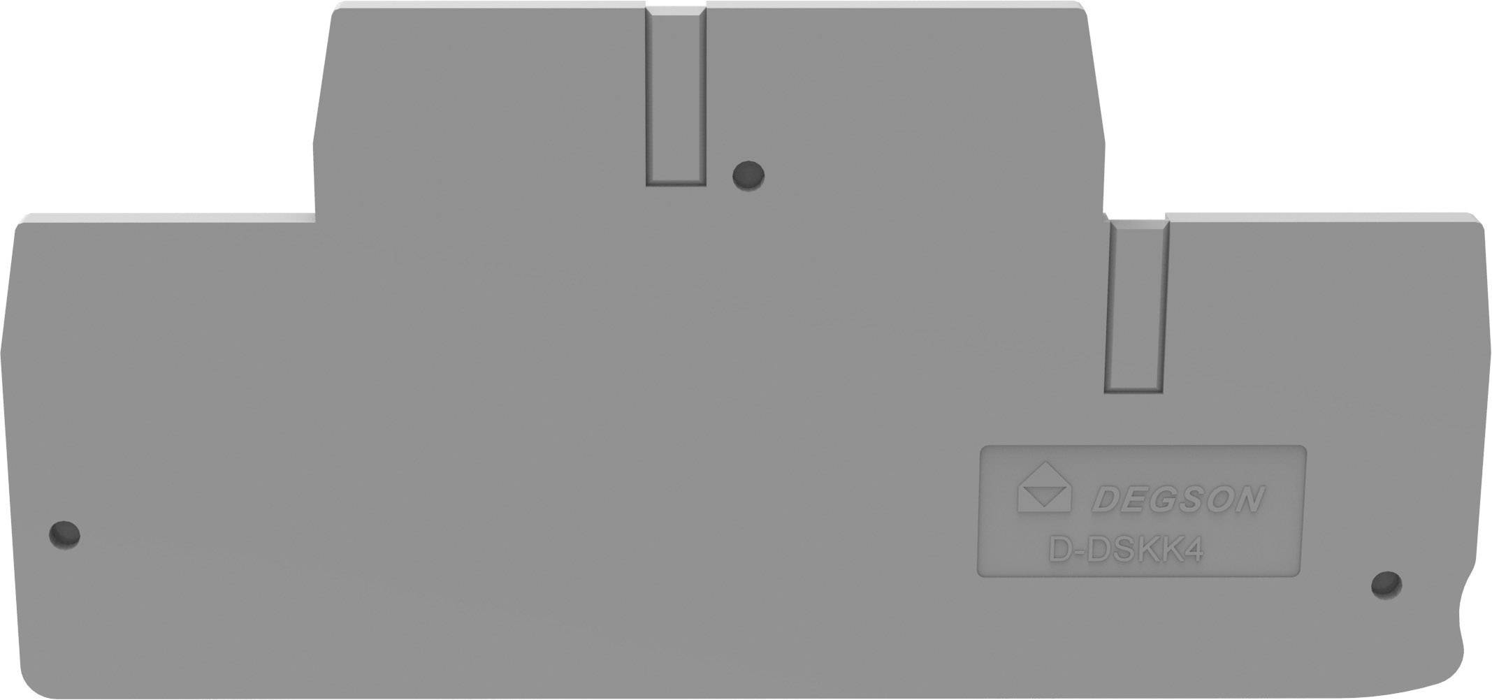 Une pièce en plastique grise de forme rectangulaire, avec de petits trous de vis et la mention en relief 'DEGSON D-D3K4'.