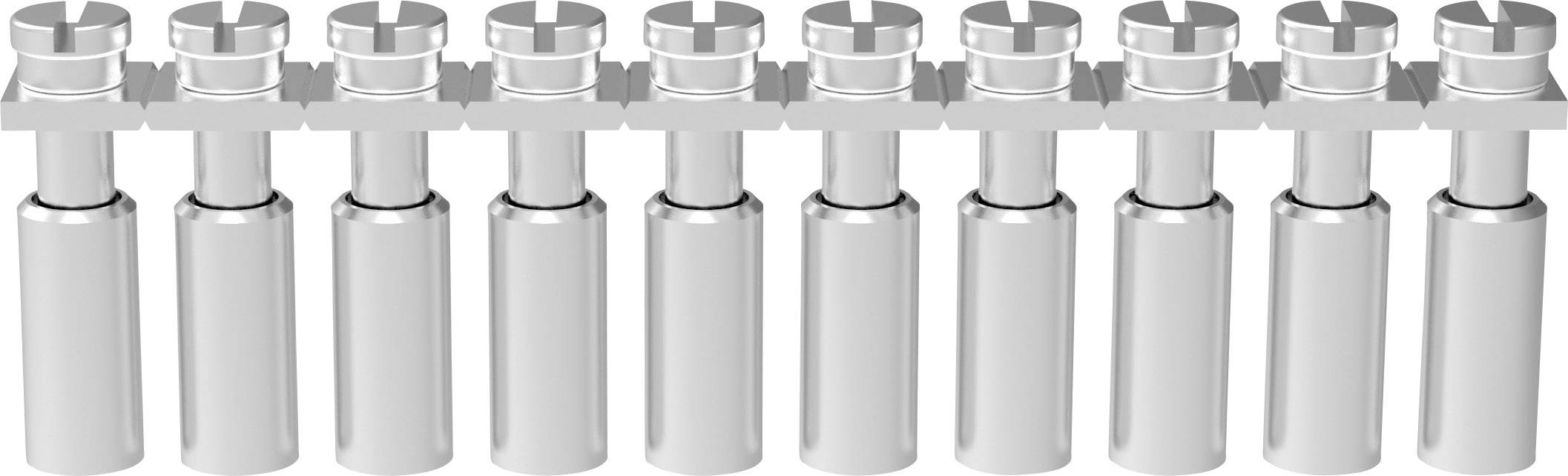 Rangée de dix rouleaux cylindriques en argent avec des têtes métalliques, disposés de manière uniforme.