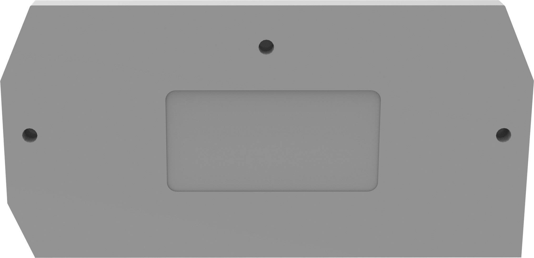 Boîtier rectangulaire gris aux angles biseautés, présentant une découpe rectangulaire centrale, entourée de quatre trous de fixation.