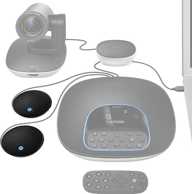 Ensemble de caméra de conférence comprenant une caméra, un haut-parleur téléphonique, deux microphones et une télécommande pour les vidéoconférences.