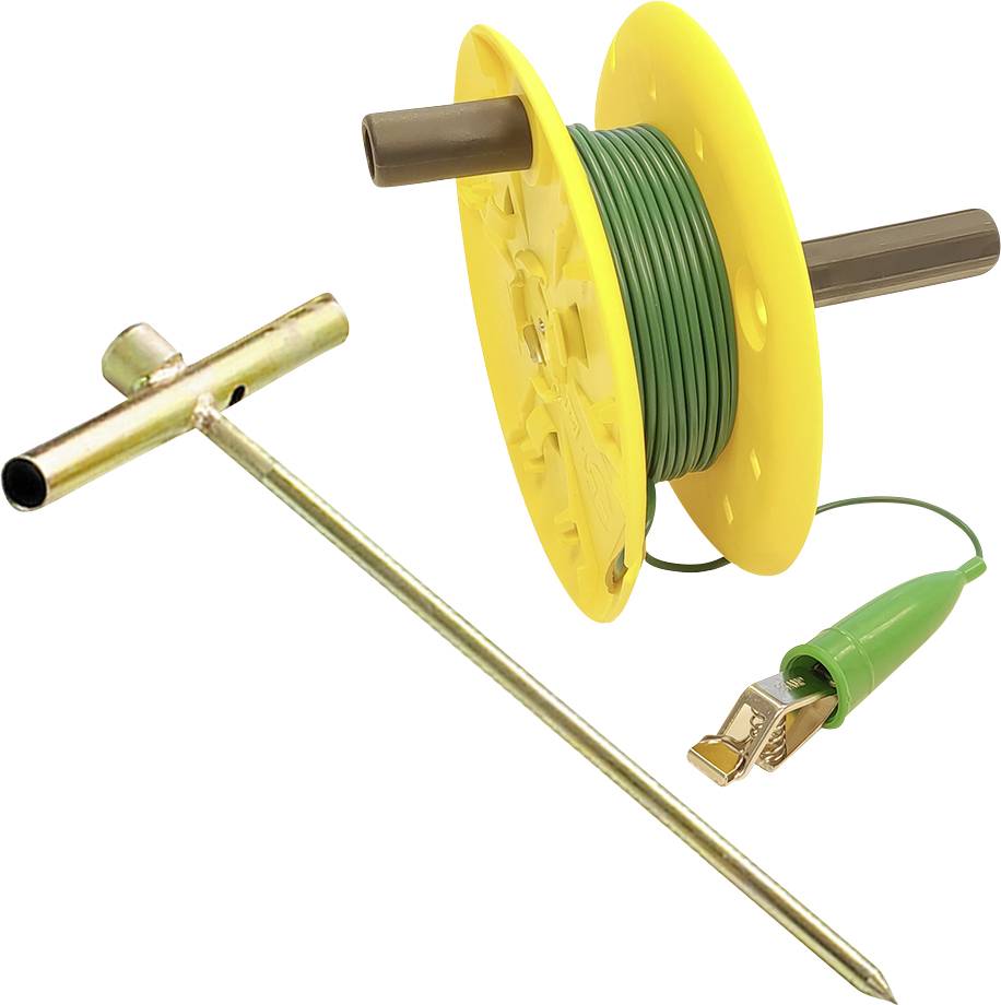 Câble de terre jaune sur une bobine, avec clip vert et piquet de terre métallique. Adapté pour les applications de sécurité électrique.