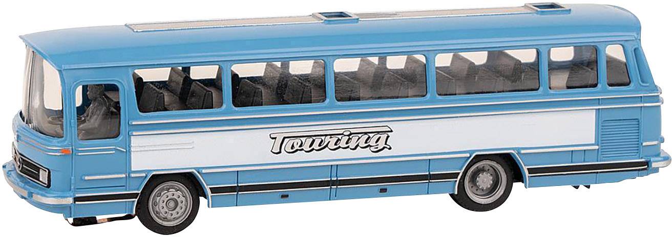 Un bus modèle bleu et blanc portant l'inscription 'Touring' sur le côté. Le bus a de grandes fenêtres transparentes et est conçu dans un style rétro.
