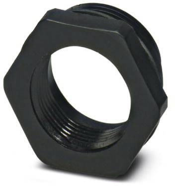 Écrou hexagonal en métal, noir, fileté. Utilisé pour la fixation dans des applications mécaniques.