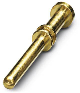Broche dorée, cylindrique, avec un anneau central en relief. Utilisée dans les connexions électroniques pour la transmission de signaux.