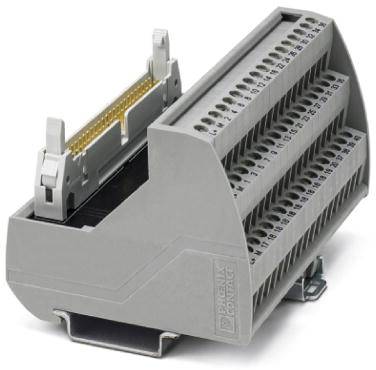 Un bloc de bornes électrique gris avec plusieurs bornes à vis pour la fixation des câbles et un mécanisme de levier en haut pour un montage facile.