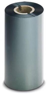 Grande bobine verticale d'un ruban de transfert thermique bleu-gris sur un noyau en carton brun, utilisé dans les imprimantes.