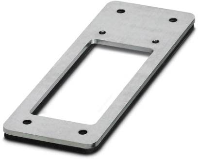 Plaque rectangulaire en métal avec un grand trou rectangulaire au centre et quatre trous de fixation dans les coins.