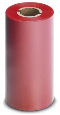 Rouleau de film rouge de forme cylindrique, posé sur une surface.