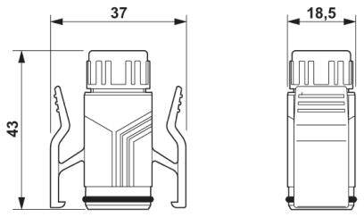 Dessin technique d'un connecteur avec les dimensions 43 mm de hauteur, 37 mm de largeur et 18,5 mm de profondeur, vue latérale.