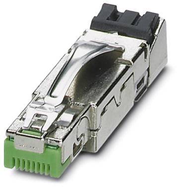 Un connecteur SFP argenté avec un port RJ45 vert et un boîtier noir, utilisé pour les connexions réseau.