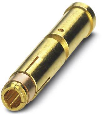 Une fiche dorée, de forme cylindrique avec plusieurs rainures et une extrémité ouverte, utilisée pour les connexions électriques.