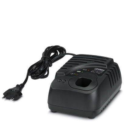 Un chargeur de batterie noir avec câble et fiche européenne, affichant des voyants LED lumineux pour l'état de charge sur le dessus.