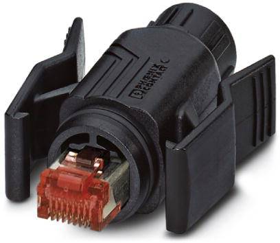 'Prise Ethernet noire avec connexion rouge et ailes latérales pour utilisation d'outil.'