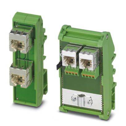Un module électrique vert avec deux ports RJ45, utilisé pour les connexions de données dans des applications industrielles ou techniques.
