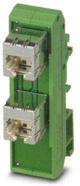 Connecteur réseau modulaire vert avec deux ports Ethernet métalliques, disposés verticalement l'un au-dessus de l'autre.