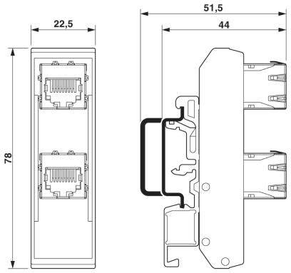 Dessin technique d'un double raccordement réseau avec dimensions : hauteur 78 mm, largeur 22,5 mm, profondeur 51,5 mm.