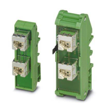 Deux modules enfichables verts, chacun avec deux emplacements blancs. Un module est placé à gauche, un autre module est visible de côté à droite.