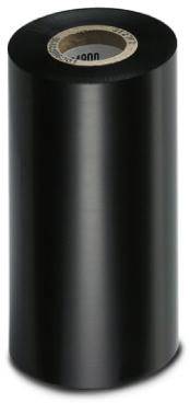 Un rouleau de ruban encreur noir, disposé verticalement, avec un noyau brun au centre, utilisé pour imprimantes ou étiqueteuses.