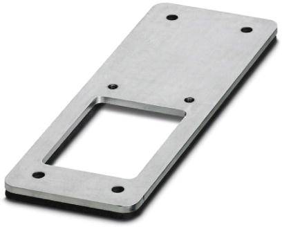 Plaque rectangulaire en métal avec une découpe rectangulaire au centre et quatre trous de fixation aux angles.