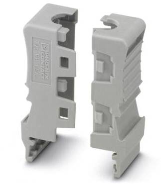 Deux boîtiers en plastique gris avec des découpes, placés côte à côte, probablement destinés à des composants électriques.
