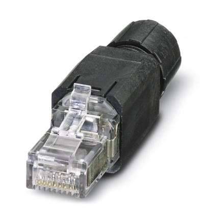 Un connecteur Ethernet noir avec un clip en plastique transparent, utilisé pour les connexions réseau.