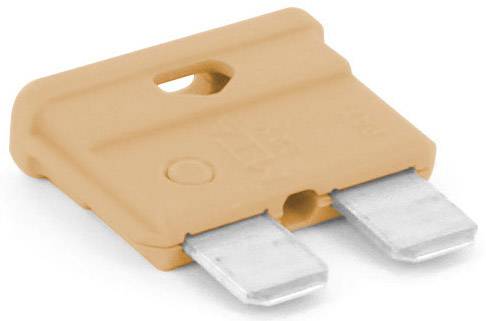 Fusible plat orange avec deux contacts métalliques et boîtier rectangulaire en plastique, utilisé pour la protection électrique.