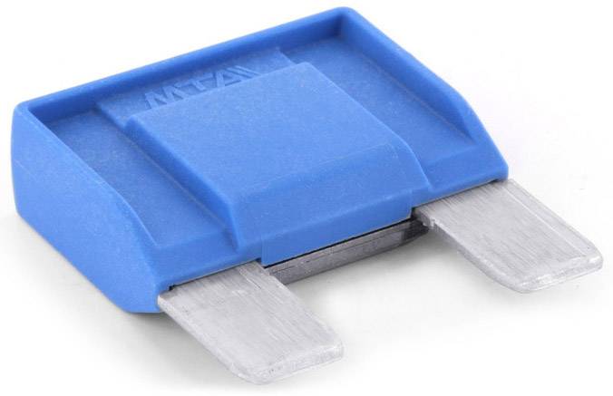 Un fusible plat bleu avec deux bornes métalliques.