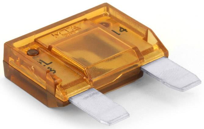 Un fusible plat orange à deux contacts métalliques, marqué du chiffre '14', utilisé pour la protection des circuits électriques dans les véhicules.
