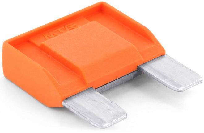 Fusible plat orange avec deux contacts métalliques pour systèmes électriques.