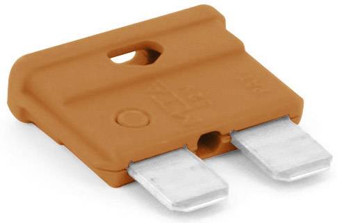 Un fusible plat orange à deux contacts métalliques, utilisé pour la protection des circuits électriques dans les appareils électriques.
