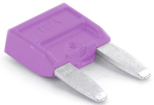 Fusible Lila à deux contacts métalliques, boîtier rectangulaire en plastique. Utilisé dans les véhicules pour la protection électrique.